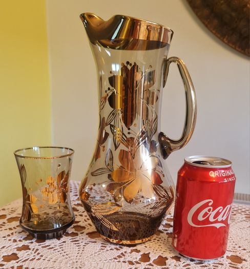 Gold painted glass Pitcher and glass.