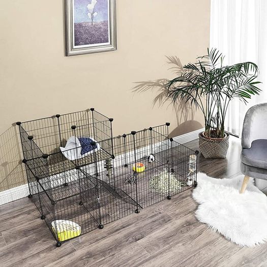 Guinea Pigs Cage, Metal Mesh Pet Playpen with Door, Customisable Fence for Small Animal, Rabbit, for Indoor Use, with Rubber Mallet, 143 x 73 x 71 cm Black (FREE POSTAGE)