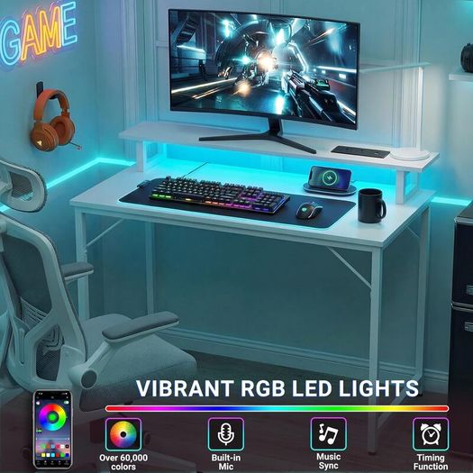 Computer Desk with Power Outlets & LED Lights, 100cm Gaming Desk with Monitor