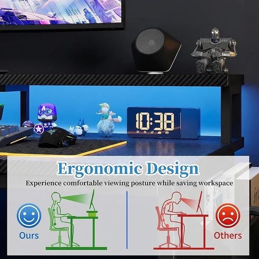 100cm Reversible L-Shaped Gaming Desk with Power Sockets & LED Lights, Carbon Fibre Computer Table with Long Monitor Stand, 2-Tier CPU Storage Shelves & Side Pouch, Black