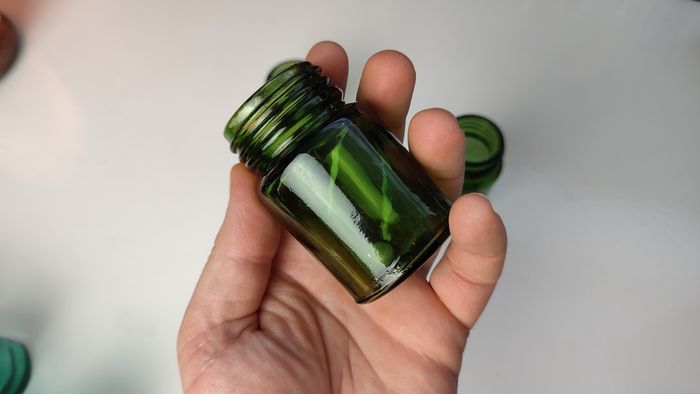 233 - Set of 3 1950s Vintage Green Glass Bottom Embossed Letters Science Medicine Pills Chemicals Collectible Decorative Jars