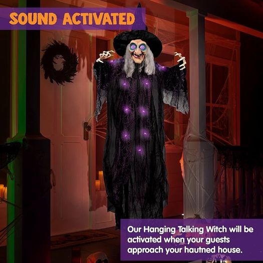 72 Inch Hanging Animated Talking Witch Decoration with Light-up Eyes and sound activation function for Halloween Haunted House Prop