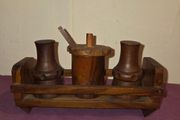 1960's hand made wooden salt, pepper and sauce holder