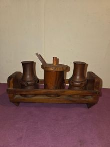 1960's hand made wooden salt, pepper and sauce holder