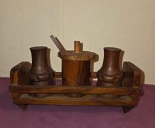 1960's hand made wooden salt, pepper and sauce holder