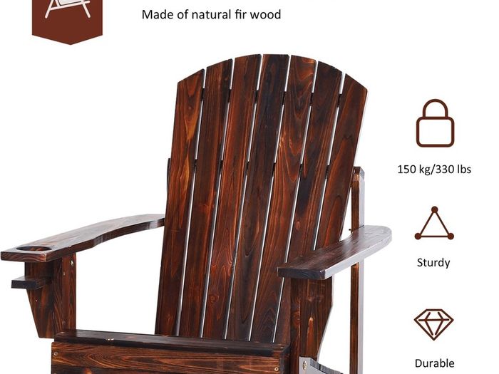 Outdoor Classic Wooden Adirondack Deck Chair with Cup Holder - Carbonized Color