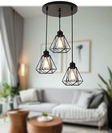 3-Light Pendant Light, Flush Mount Ceiling Light Fixture with Black Metal Cage Shade, Vintage Hanging Pendant Lighting for Kitchen, Island, Dining Room (FREE POSTAGE)