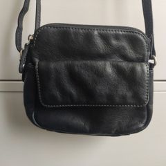 Genuine Black Pebbled Leather Multi Compartment Crossbody Bag