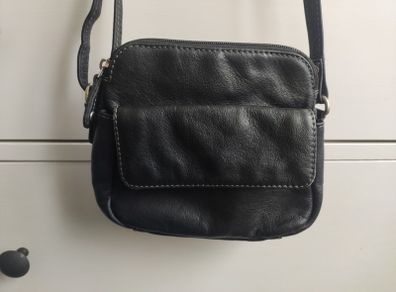 Genuine Black Pebbled Leather Multi Compartment Crossbody Bag