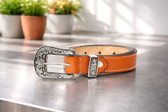 Unisex Premium Tan Genuine Leather Belt Vintage Engraved Silver Buckle