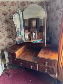 Vintage Burr Walnut Dressing Table with Tri-Fold Mirror
