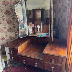 Vintage Burr Walnut Dressing Table with Tri-Fold Mirror
