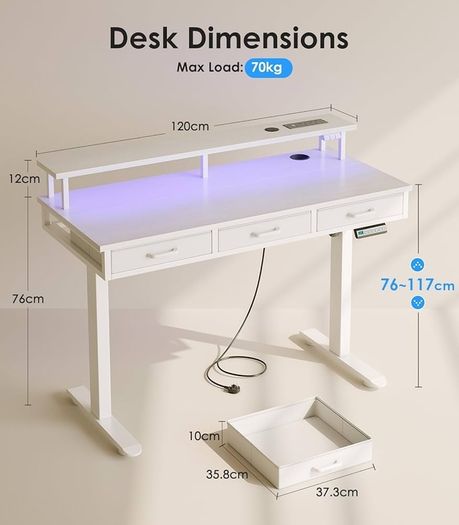 Electric Standing Desk, 120 x 54cm Height Adjustable Desk with 3 Drawers, RGB LED Strip & Charging Station for Home Office Computer Workstation, Computer Table with Monitor Stand, White