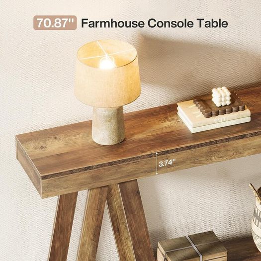 140 cm Rustic Farmhouse Console Table with Lower Storage Shelf, Light Oak Brown Hallway & Entryway Table
