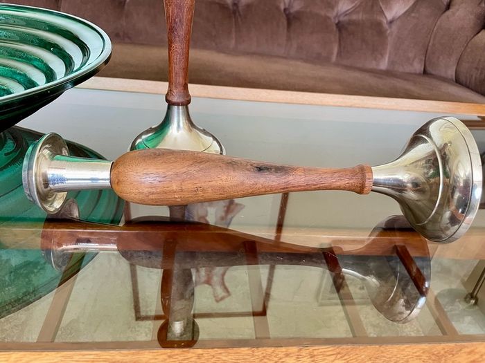 Vintage Tall Pair of Silver Metal and Wooden Candlestick Holders
