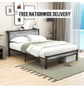 Double Bed Metal Platform Bed Frame with Wood Headboard