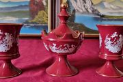 3 Piece Vintage Elegant Italian Fiorentine Lustre Ruby Red Gold Gilt Footed Lidded Compote And Vases Set