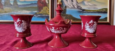 3 Piece Vintage Elegant Italian Fiorentine Lustre Ruby Red Gold Gilt Footed Lidded Compote And Vases Set