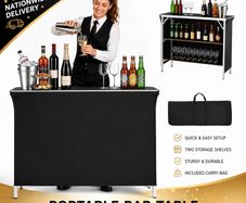 Folding Portable Bar Table with Carry Bag |Mobile Bartending Station with Storage Shelves for Events & Trade Shows