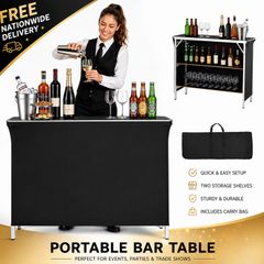 Folding Portable Bar Table with Carry Bag |Mobile Bartending Station with Storage Shelves for Events & Trade Shows
