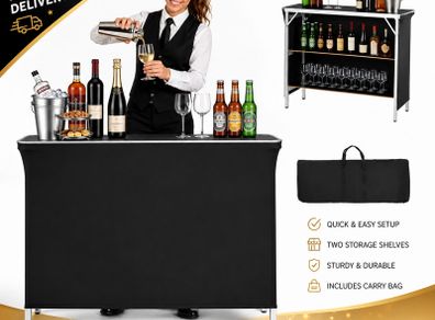 Folding Portable Bar Table with Carry Bag |Mobile Bartending Station with Storage Shelves for Events & Trade Shows
