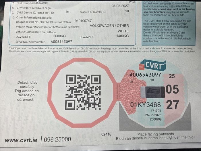 Volswagon Transporter 1.9 Tdi New Cvrt Until 25/5/2027