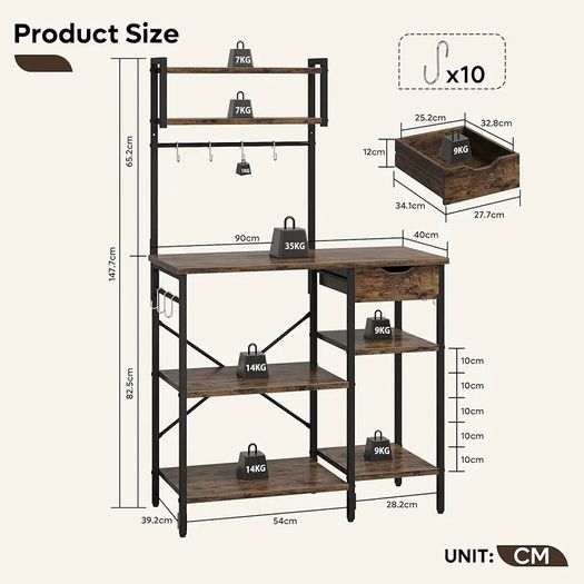 Microwave Oven Rack, 90cm Large Microwave Oven Kitchen Rack with 2 Height-Adjustable and Removable Shelves, High Load-Bearing Design, Drawers, 10 S-Hooks, Kitchen Shelf, Kitchen Storage