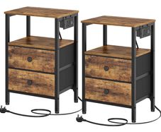 Bedside Tables with Charging Station, Set of 2, Nightstands with 2 Drawers and 2 Shelves, End Tables with Outlet and USB Ports, for Living Room, Bedroom, Rustic Brown