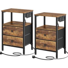 Bedside Tables with Charging Station, Set of 2, Nightstands with 2 Drawers and 2 Shelves, End Tables with Outlet and USB Ports, for Living Room, Bedroom, Rustic Brown