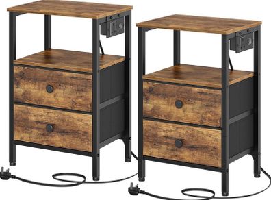 Bedside Tables with Charging Station, Set of 2, Nightstands with 2 Drawers and 2 Shelves, End Tables with Outlet and USB Ports, for Living Room, Bedroom, Rustic Brown