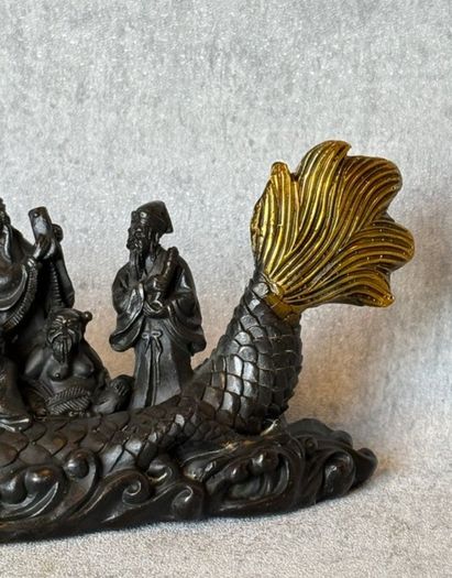 Antique Eight Immortals Dragon Boat - Patinated Bronze, Gold Accents, Signed