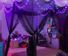 Black Bed Canopy with Spider String Lights for Halloween Decor, 4 Corner Gothic Canopy Bed Curtains 100 LED Purple Lights Battery USB Powered for Twin Full Queen King Bed Bedroom Home Decoration
