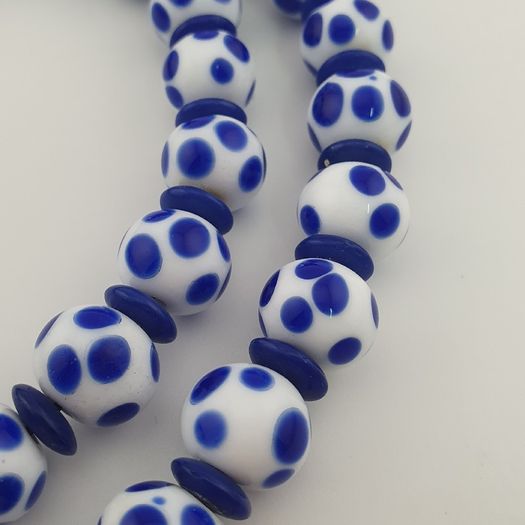 Antique Venetian Style White Blue Dotted Glass Beads Necklace