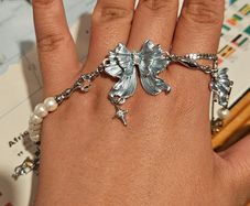 Sumiyaki Ribbon Butterfly Diamante Fuax Pearl Bracelet on Light Blue Colour