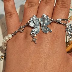 Sumiyaki Ribbon Butterfly Diamante Fuax Pearl Bracelet on Light Blue Colour