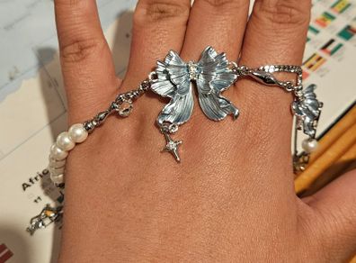 Sumiyaki Ribbon Butterfly Diamante Fuax Pearl Bracelet on Light Blue Colour