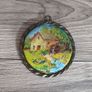 X3 vintage framed creative circle CrossStitch Embroided pictures wishing well, mill and fishing harbour Image 4