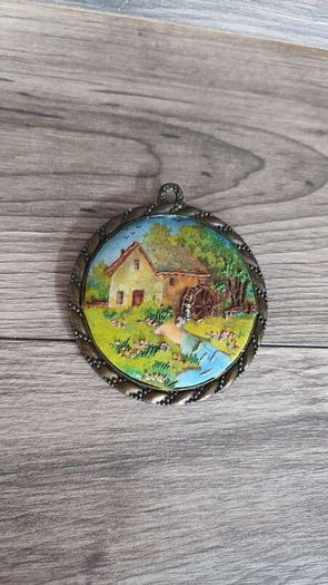 X3 vintage framed creative circle CrossStitch Embroided pictures wishing well, mill and fishing harbour