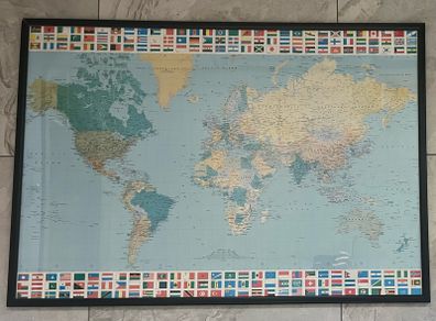 Framed Map of the World with Country Flags in black frame.  Dimensions 1005mm X 710mm.