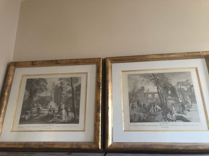 Pair of Antoine Watteau Prints in Large Gold Frames