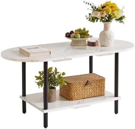 Coffee Table, Small Living Room Table, Sofa Table with Wooden Legs and 2 Tier Storage for Living Room Home Office, 35x16x17inch White Faux Marble + Black
