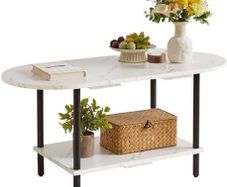 Coffee Table, Small Living Room Table, Sofa Table with Wooden Legs and 2 Tier Storage for Living Room Home Office, 35x16x17inch White Faux Marble + Black