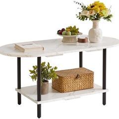 Coffee Table, Small Living Room Table, Sofa Table with Wooden Legs and 2 Tier Storage for Living Room Home Office, 35x16x17inch White Faux Marble + Black