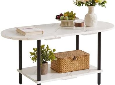 Coffee Table, Small Living Room Table, Sofa Table with Wooden Legs and 2 Tier Storage for Living Room Home Office, 35x16x17inch White Faux Marble + Black