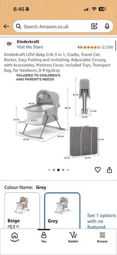 Kinderkraft Baby Crib / Travel Cot (Like New)