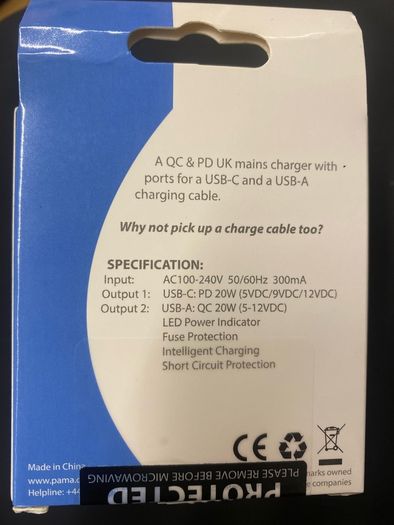 Dual fast charger usb type c type a 20 watts