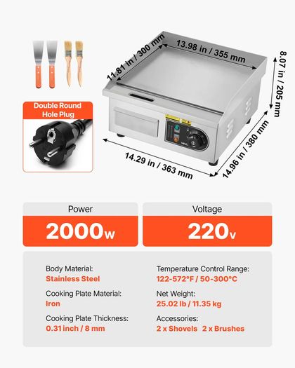Commercial Electric Griddle 2000W, 50-300 degC Adjustable Temp Control