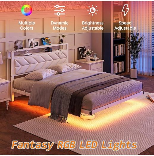 4ft6 Floating Double Bed Frame Upholstered Platform Bed with Storage Shelf Headboard,Charging Station/LED Lights,Metal Slat Support/Noise Free,No Box Spring Needed,135x190 Double Size,White