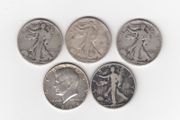 USA, 4 x Walking Liberty, &amp; 1 x Kennedy Half Dollar, 90% silver coins (no. G29)