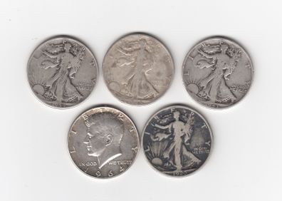 USA, 4 x Walking Liberty, & 1 x Kennedy Half Dollar, 90% silver coins (no. G29)